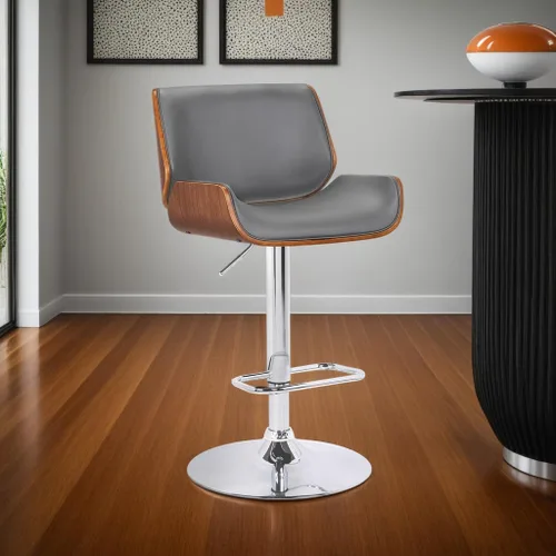 Vista 2 de Armen Living London Taburete de bar moderno giratorio de altura ajustable de piel sintética gris y madera de nogal con base cromada para encimera
