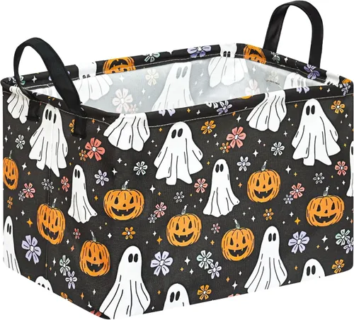 Vista 13 de Cesta de almacenamiento de Halloween, diseño de tela plegable con diseño de araña, murciélago y calabaza, con asas de cuero, organizador de estante