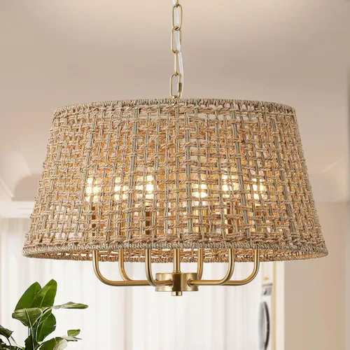 Vista 13 de Lámpara de araña de ratán bohemio de 20 pulgadas para comedor, 5 luces tejidas a mano de ratán natural con cadena ajustable, enchufes E12