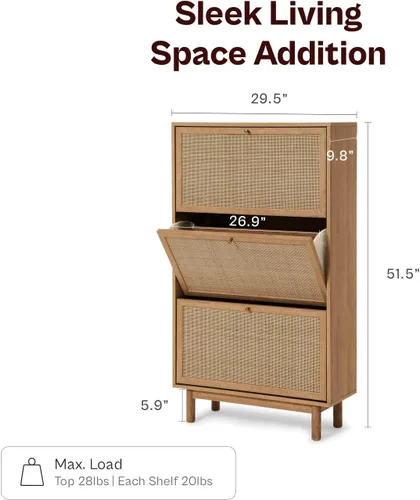 Vista 2 de mopio Hannah - Gabinete para zapatos, organizador de almacenamiento de zapatos estilo granja de ratán natural, estante de armario de 3 puertas