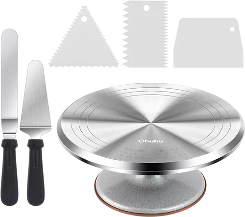 Vista 12 de Ohuhu Tocadiscos para tartas, aluminio de 12 pulgadas, kit de decoración de tartas, suministros giratorios, soporte giratorio con 2 espátulas