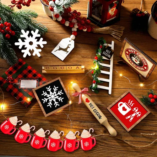 Vista 5 de Spiareal Juego de 15 piezas de decoración de bandeja escalonada de Navidad con chocolate caliente, decoración de mesa de madera, centros de mesa