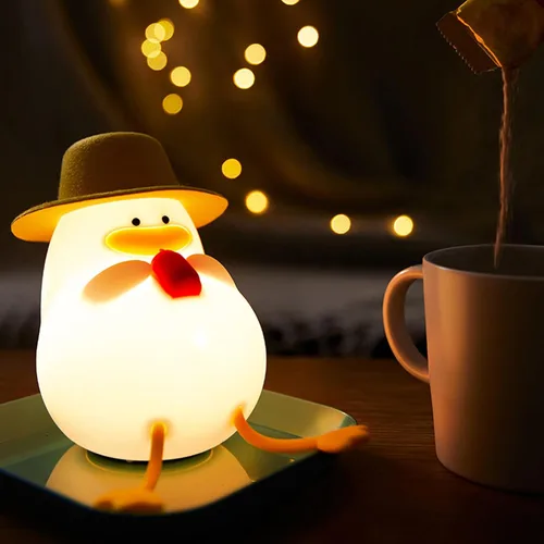 Vista 2 de Happy Duck Luz de noche con sombrero Regalo de cumpleaños Lámpara de silicona linda Dormitorio Luz de sueño LED Niños Linda luz nocturna Luz