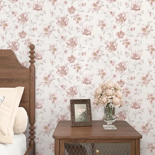 Vista 2 de WESTICK Papel tapiz autoadhesivo con diseño floral de rosas rosadas, autoadhesivo, extraíble, para paredes decorativas, dormitorio, baño