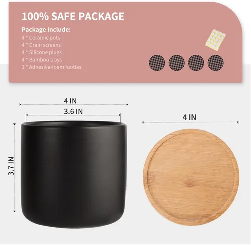 Vista 3 de Maceta de cerámica de 4 pulgadas con platillo, macetas plantadoras negras con orificio de drenaje y almohadillas de malla para suculentas, plantas
