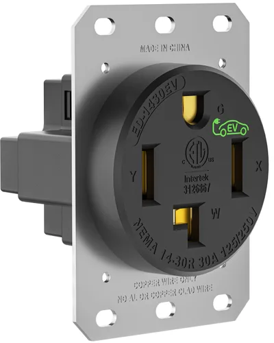 Vista 11 de Receptáculo/salida de dispositivo de hoja recta de carga EV de 30 amperios, resistente a la intemperie, NEMA 14-30R con placa de pared, grado