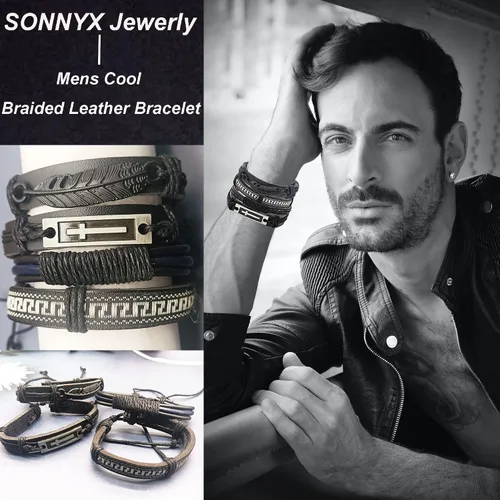 Vista 4 de SONNYX 27 pulseras de cuero trenzado para hombres y mujeres, pulseras de muñeca tejidas frescas, cuerdas de cáñamo, cuentas de madera, étnicas
