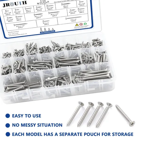 Vista 5 de 530Pcs Juego de tornillos de acero inoxidable para madera #4#6#8#10#12 con cabeza Phillips plana para chapa de metal, tornillos autorroscantes
