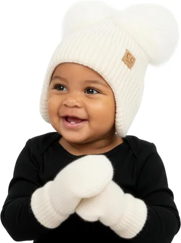 Vista 27 de Funky Junque Conjunto de gorro y mitones con doble pompón de pelo sintético para bebé – Gorro de invierno para recién nacidos de 0–9 meses