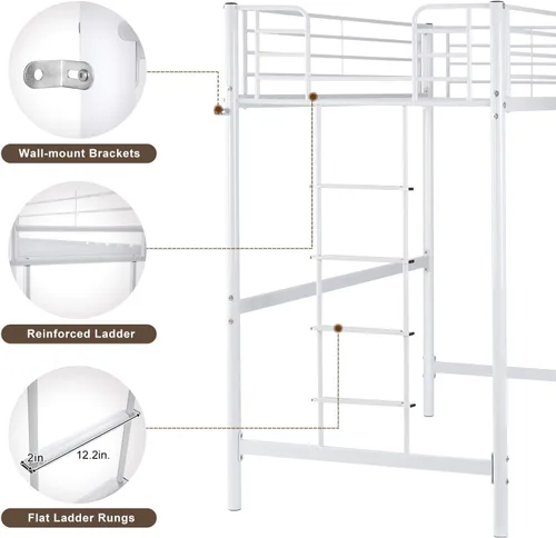 Vista 3 de Bonnlo Cama alta de metal con escaleras y peldaño plano, cama junior de tamaño matrimonial alta para niños, adolescentes y adultos, no requiere