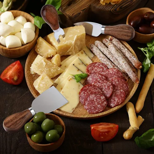 Vista 3 de Exquisito juego de cuchillos de queso de 6 piezas, colección de cuchillos de queso de acero inoxidable (mango de madera de acacia)
