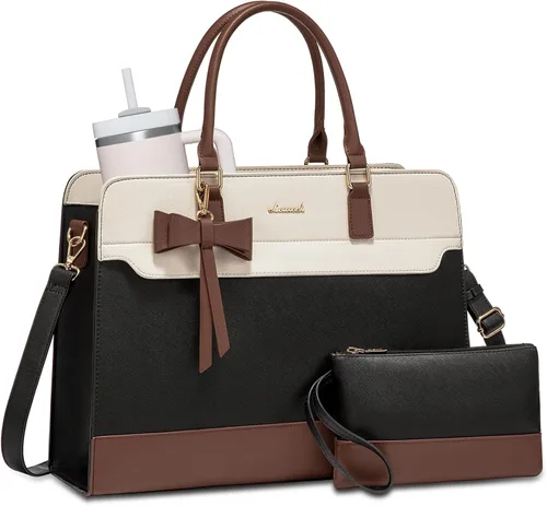 Vista 4 de LOVEVOOK Bolso para laptop de mano para mujer, bolso de trabajo de cuero, bolso de negocios impermeable para profesora, bolso de mano grande