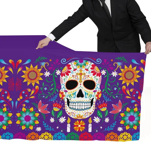 Vista 3 de Mantel desechable para fiesta del Día de los Muertos, mantel desechable de plástico con calavera de azúcar para decoración de fiesta del Día