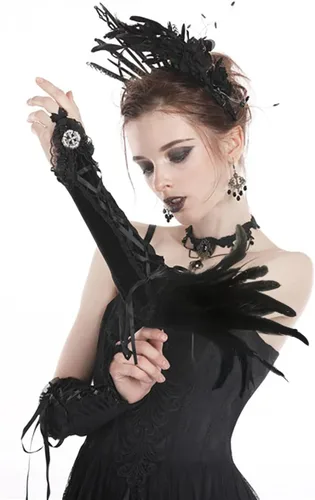 Vista 3 de Guantes de plumas de encaje negro para mujer, accesorios de disfraz de cosplay con muñequeras de cisne