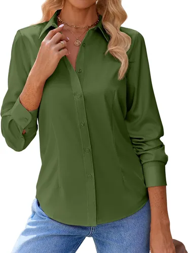 Vista 6 de siliteelon Camisas con botones para mujer, con protección contra manchas, de manga larga, sin arrugas, blusas de oficina
