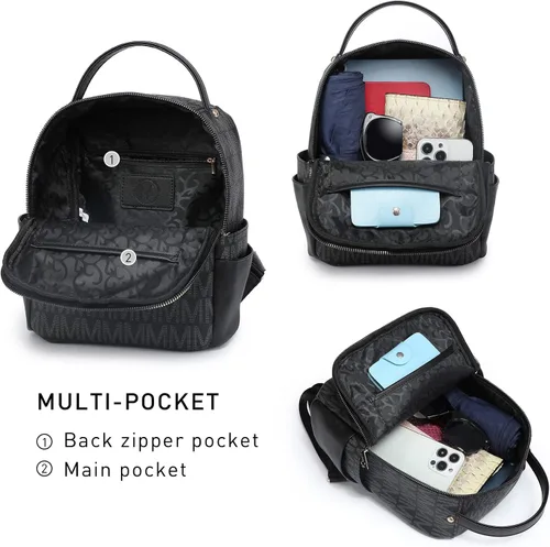 Vista 4 de MKP - Mochila pequeña para mujer y mujer, con múltiples bolsillos, con bolsillo frontal con cremallera, Negro -, Mochilas Daypack