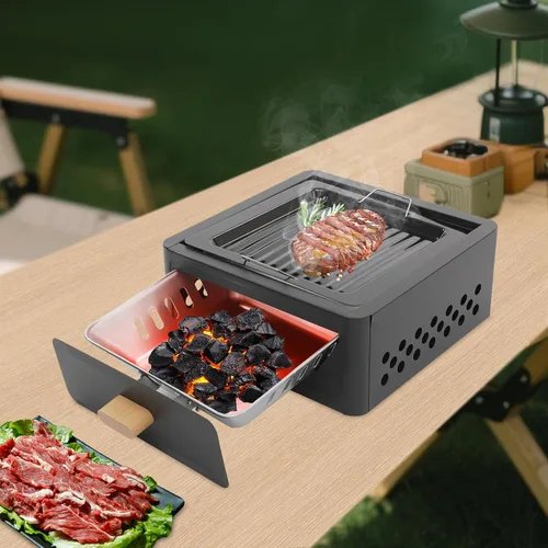Vista 2 de Parrilla cuadrada de carbón de leña portátil durable fácil limpiar para uso Negro