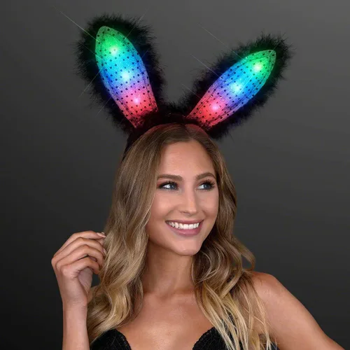 Vista 2 de Diadema con orejas de conejo negras iluminadas con LED intermitentes que cambian