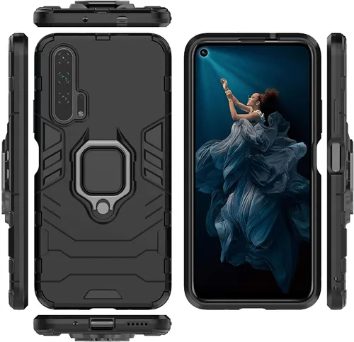 Vista 5 de LuluMain Compatible con Honor 20 Pro, soporte de anillo de metal a prueba de golpes duro (funciona con soporte magnético para automóvil), funda Negro