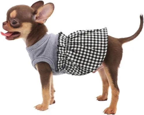 Vista 2 de LOPHIPETS Vestido a cuadros para perros pequeños, taza de té para niña, chihuahua, yorkie, cachorro, ropa de gato, cuadros blancos y negros, XXS