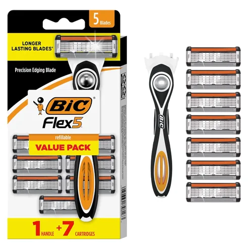 Vista 8 de BIC Flex 5 - Maquinillas de afeitar recargables de 5 cuchillas para hombre, cuidado personal navideño para un afeitado suave, 1 mango y 12