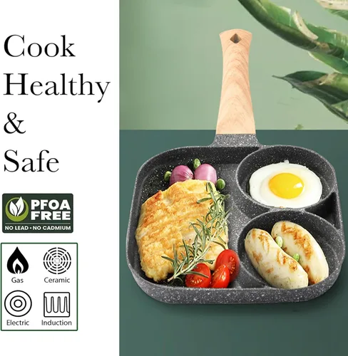 Vista 3 de JUSTUP Sartén antiadherente para huevos, mini sartén antiadherente 3 en 1, sartén dividida, mango resistente al calor, sartén de 3 secciones, mini