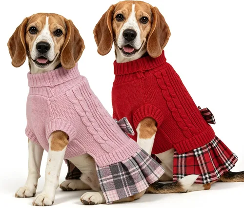 Vista 13 de WOYYHO Vestido de suéter para perro pequeño con corbatín, ropa de perro de Rosa polvoriento