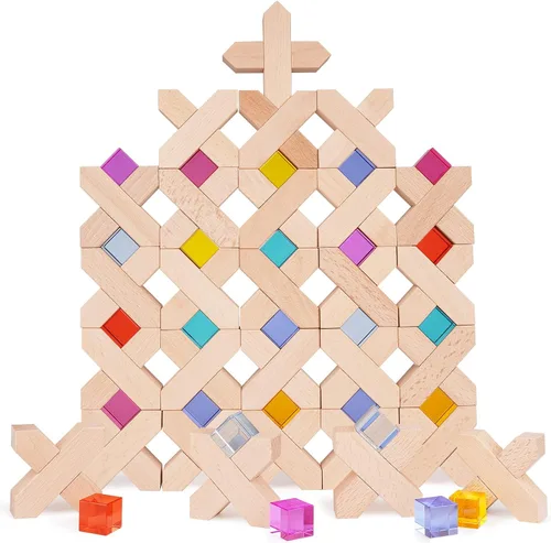 Vista 2 de Agirlgle - Cubos de Construcción de Madera Arcoíris, Bloques de Apilar de Gemas, Juego de Apilado de Arcoíris Montessori Colorido, Elegantes Bloques