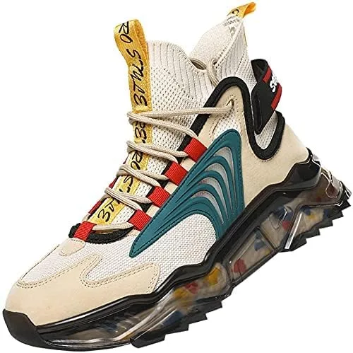 Vista 2 de LZDZN Zapatos de baloncesto para hombre, zapatillas de deporte altas para correr, senderismo, deportes aéreos, atléticos, caminar, negro, beige