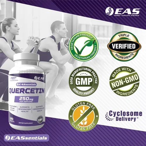 Vista 4 de EAS Quercetina 250mg Salud cardíaca y respiratoria Apoya la respuesta inmune Sin gluten, sin OGM Mejor absorción con entrega de ciclosoma