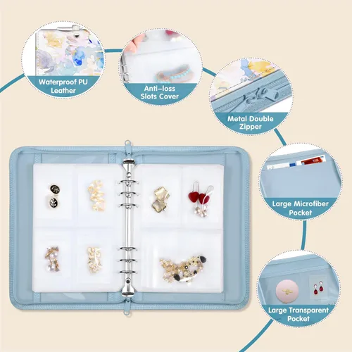 Vista 3 de Estuche organizador de viaje para joyas, libro portátil de piel sintética con bolsillos transparentes con cremallera para collares, aretes, pulseras