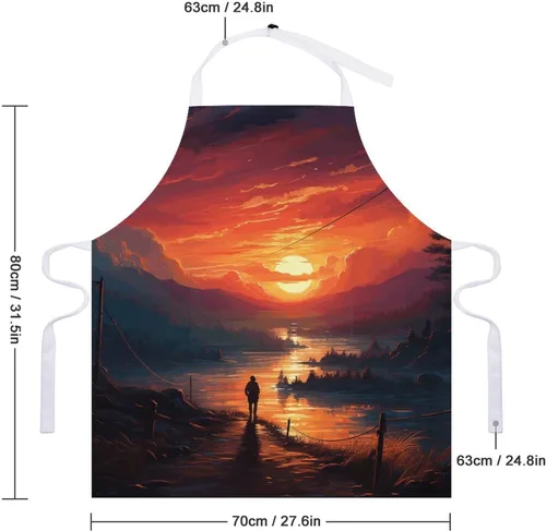 Vista 2 de Sunset Art Aprons Waterproof Cooking Kitchen Apron Unisex Adjustable Bib Apron with Pocket Restaurant Chef Works Aprons for Waitress Waiter