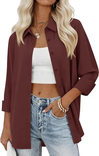 Vista 21 de siliteelon Camisas con botones para mujer, camisas de vestir sólidas, de manga larga, cuello fluido, para trabajo, oficina, negocios, blusas de gasa