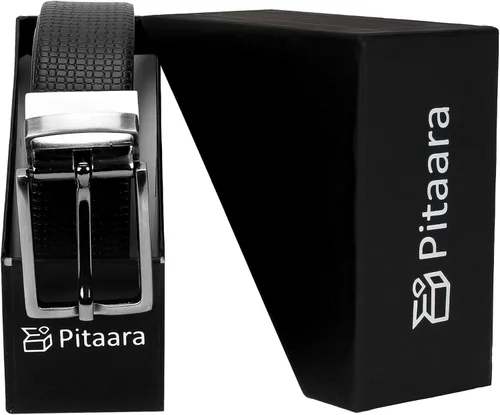 Vista 9 de Pitaara Cinturón reversible de cuero genuino para hombres, patrón de impresión de caja (negromarrón)