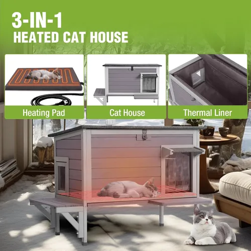Vista 9 de GUTINNEEN Casa Calefaccionada para Gatos de Exterior, Casa Aislada para Gatos de Exteriores Resistente a la Intemperie, Refugio para Gatos Ferales