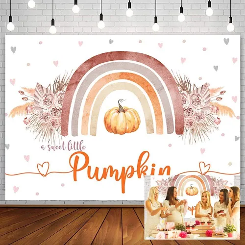 Vista 8 de Sendy Telón de fondo bohemio de calabaza azul de 7 x 5 pies para baby shower, otoño, A Little Pumpkin Boy is on The Way, suministros de decoración