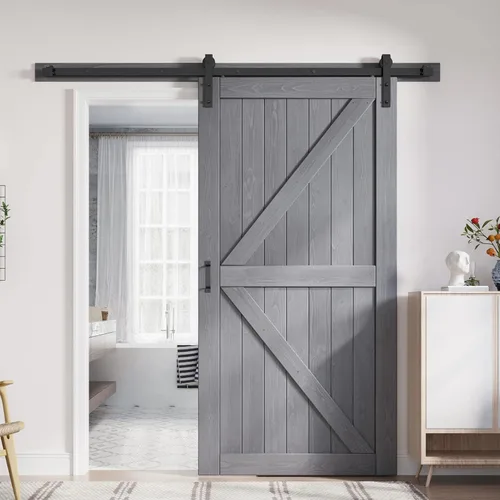 Vista 8 de FREDBECK Puertas dobles grises de 24 x 84 pulgadas, puerta de granero de 48 pulgadas con kit de herrajes para puerta de granero de 8 pies incluido
