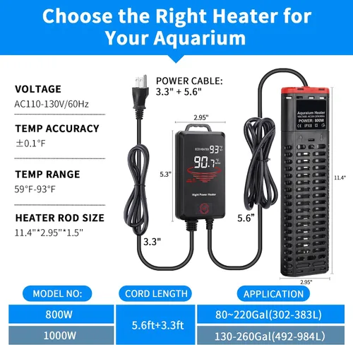 Vista 2 de Calentador de acuario de 800 W sumergible para pecera con tubos de cuarzo dobles y controlador de temperatura de pantalla LED para 80-220 galones