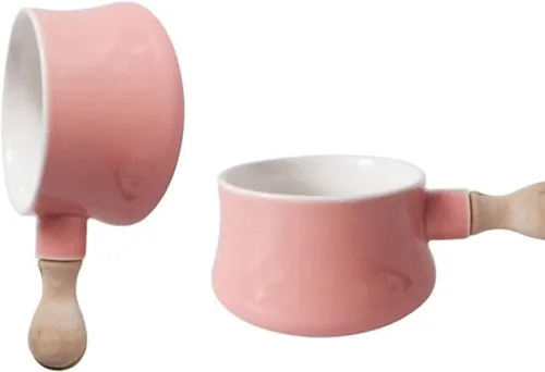 Vista 5 de qiuqiu Olla de leche esmaltada con mango de madera antiadherente de cerámica mini olla calentador de mantequilla sartén vaporera para sopa Rosa