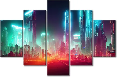 Vista 210 de Cuadros de 5 paneles de Cyberpunk City, arte de pared, representación de vallas publicitarias, edificios modernos en la capital con obras de arte