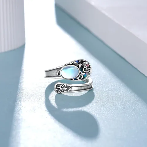 Vista 2 de Anillo de cuchara de libélula, piedra lunar, plata de ley 925, anillos de pulgar, libélula de joyería, regalos para mujeres