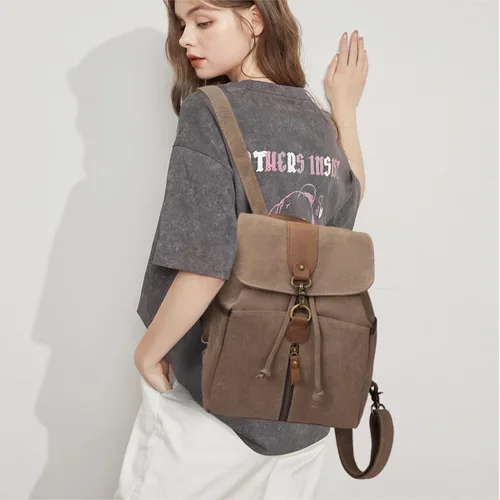 Vista 7 de KL928 Mochila de lona Mochila grande casual vintage para viajes al aire libre, mochila de senderismo para hombres y mujeres, marrón