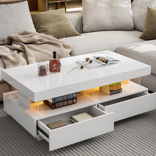 Vista 10 de IKIFLY Mesa de Centro Moderna con Tapa Elevable, Alto Brillo con Luces LED de 16 Colores, Tapa Elevable con 2 Cajones y Compartimento Oculto