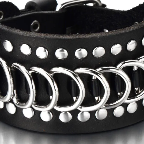 Vista 2 de COOLSTEELANDBEYOND Gothic Punk Mens Wide Black Leather Bracelet Wristband Accented with Chain and Rivets