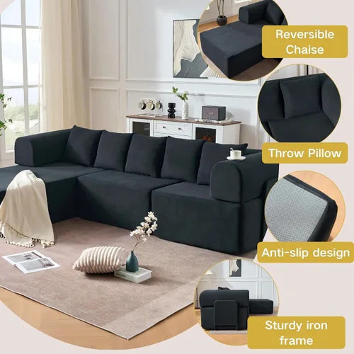 Vista 5 de Sofá modular de 106 pulgadas con diván en forma de L, moderno sofá modular Cloud con asiento profundo, cómodo sofá comprimido de terciopelo sin Negro