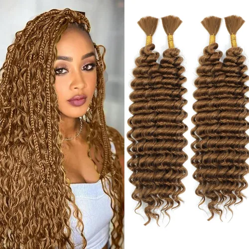 Vista 7 de Mezcla de cabello humano para trenzar, cabello sintético rizado bohemio para trenzar, trenzas bohemias de 16 pulgadas, 4 paquetes de 110g/paquete