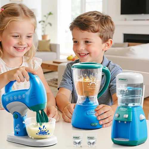 Vista 3 de PEADUCK Juego de electrodomésticos de cocina 3 en 1 para niños, juguetes de simulación con licuadora, mezcladores, dispensador de agua, sonidos