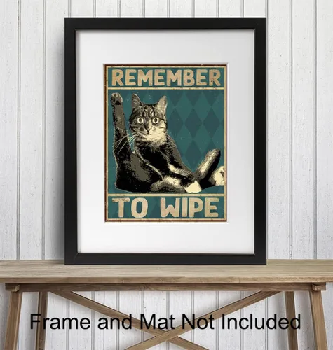 Vista 3 de Divertida decoración de baño de gato, póster con texto en inglés "Remember to Wipe Cat", decoración de pared de baño, decoración de pared de baño