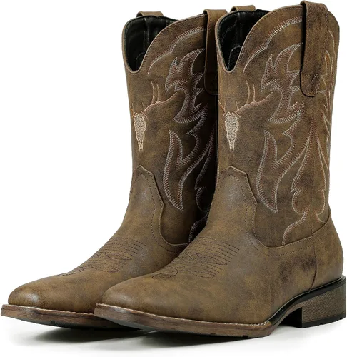 Vista 6 de Cowboy Boots for Men Square Toe Western Boots Retro Classic Embroidered Pull On Boot Marrón