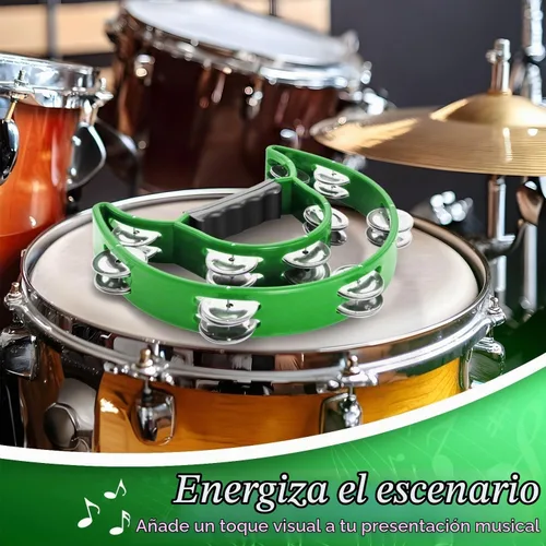 Vista 5 de Flexzion Pandereta Half Moon para adultos con jingles de doble fila, color Verde